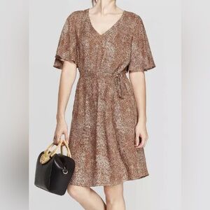 A New Day Women’s Snake/Animal Print Brown Knee Lenth V-Neck Tie-Waist Dress